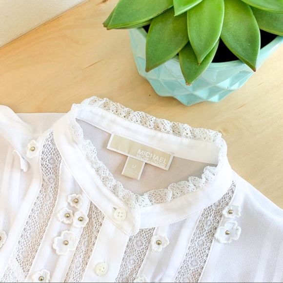 Michael Kors Tops - MICHAEL KORS White Sheer Top W Flower Embroidery